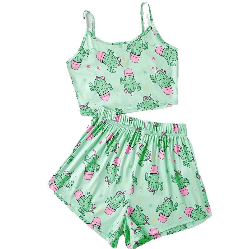 Cactus Print Tank Top Crop Top And Shorts Casual Two Piece Set