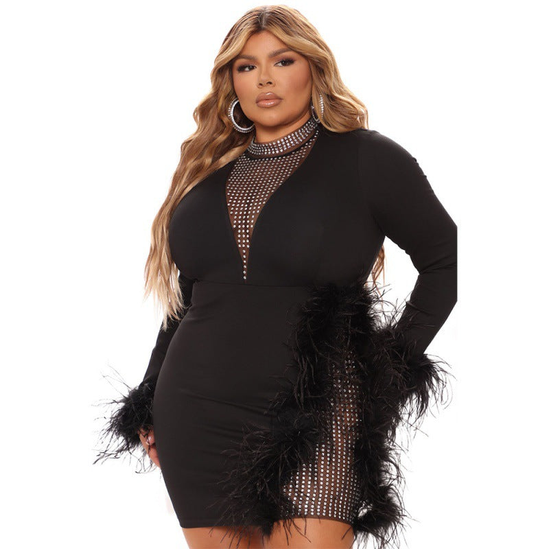 Sexy Plus Size Mock Neck Rhinestone V Details And Feather Accent Bodycon Minidress