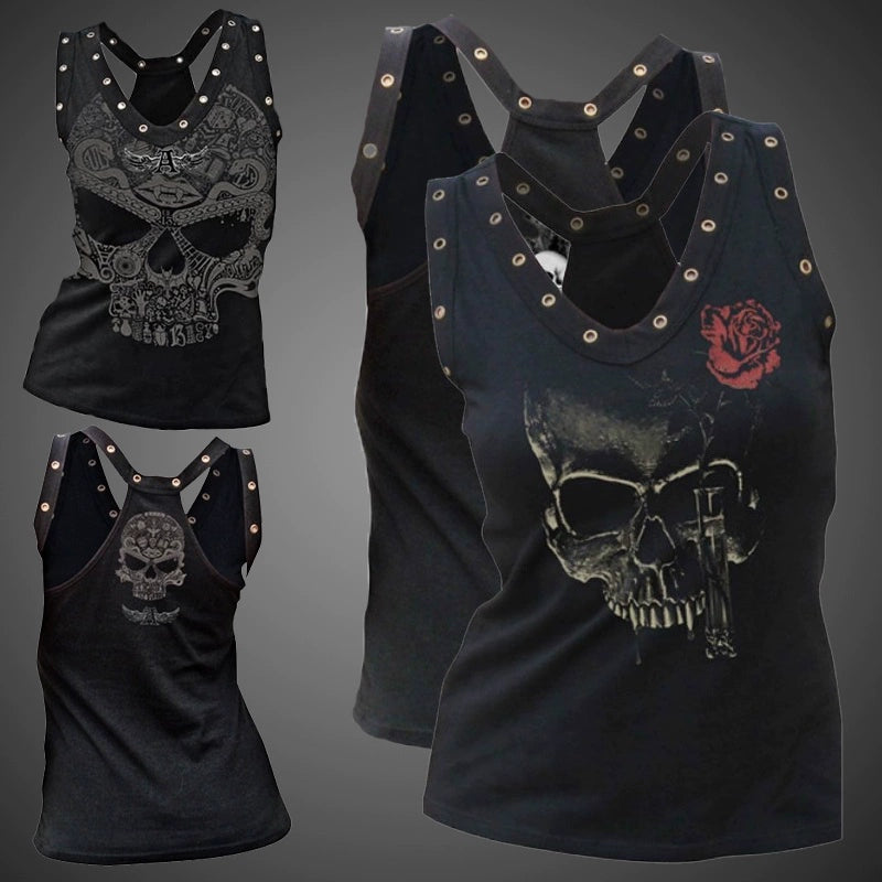 Skull Printed Casual Racerback Tank Top With Rivet Accents