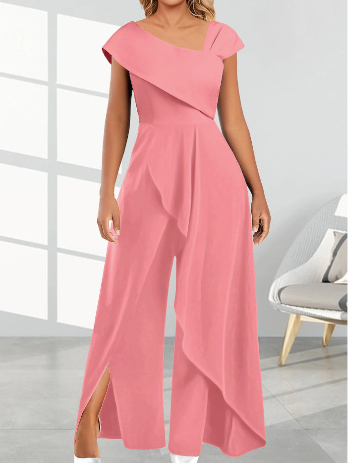 Simple Temperament Diagonal Collar Jumpsuit