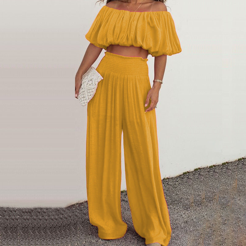 Women's Bright Balloon Style Off The Shoulder Crop Top And Wide-leg Pants Two-piece Outfit Set