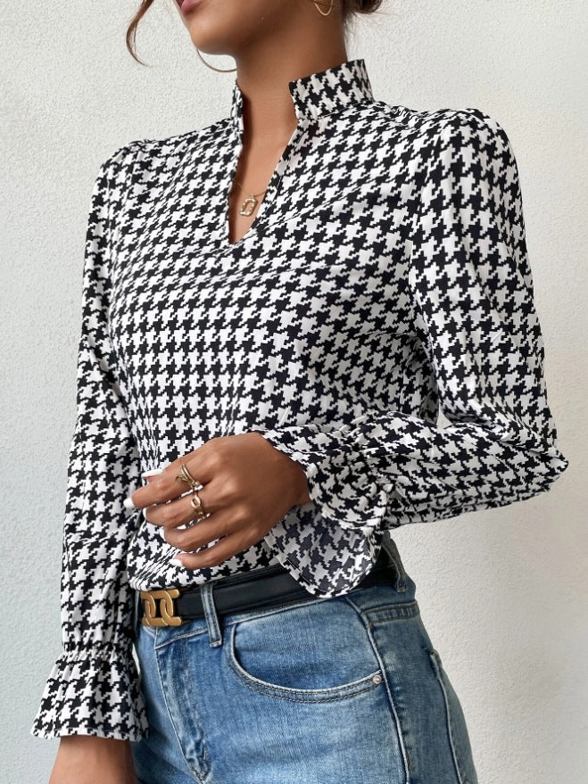 Houndstooth Print V-neck Long Sleeve Women's Blouse