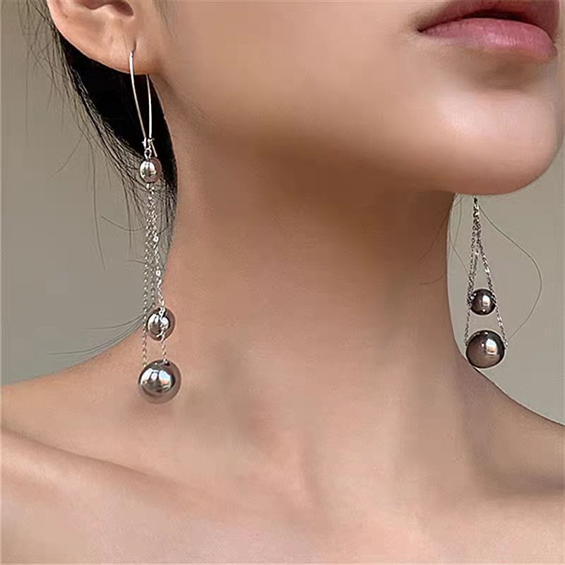 Large Metal Round Beads Long Tassel Drop Earrings