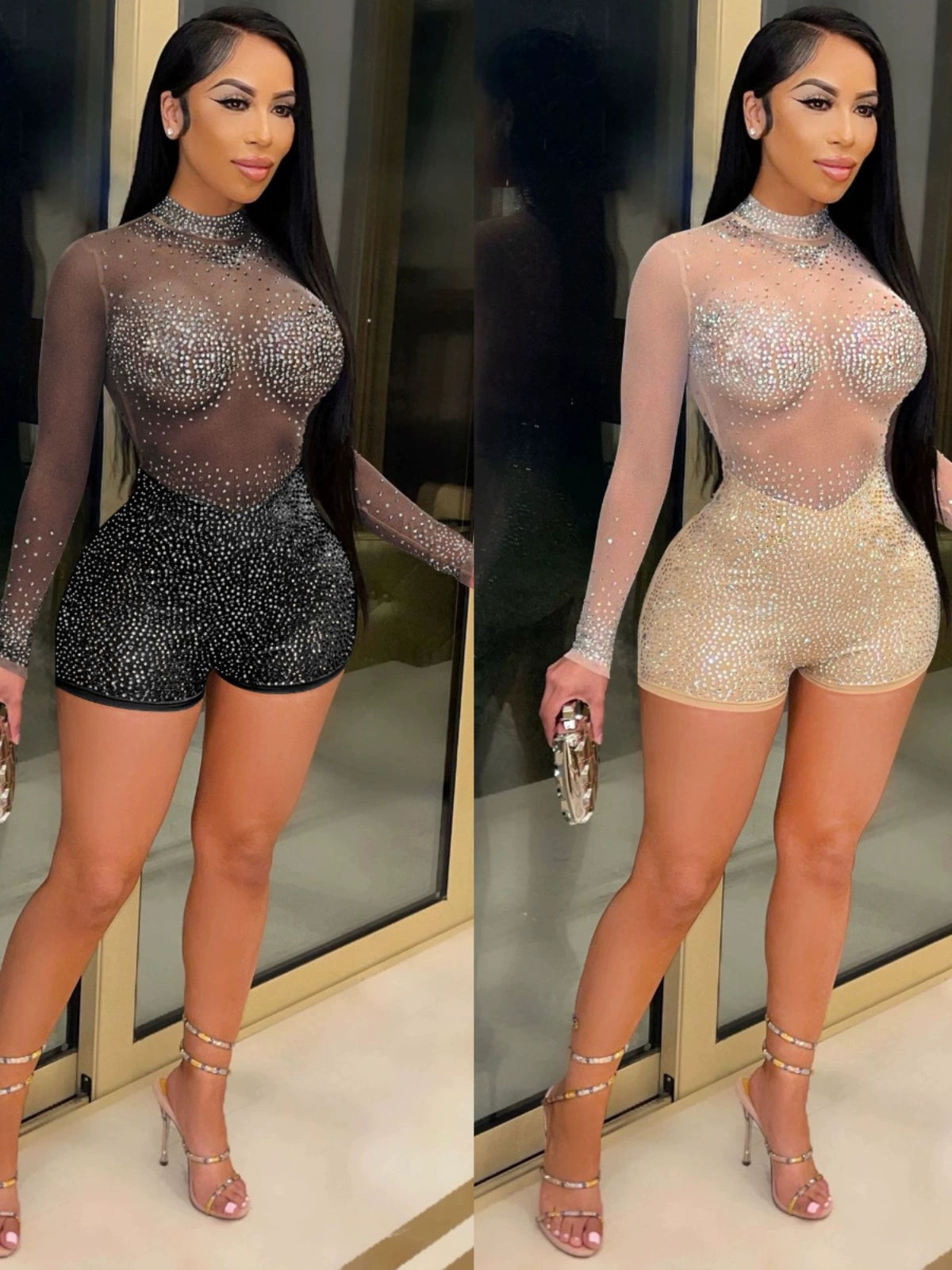 Long-Sleeved Sheer Rhinestone Romper Jumpsuit – Sexy Club Wear