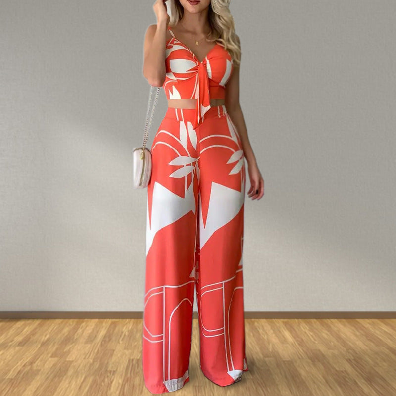 Women's Neon Print Sweetheart Tank Tie Front Crop Top And Wide-leg Flowy Pants Two Piece Outfit Set