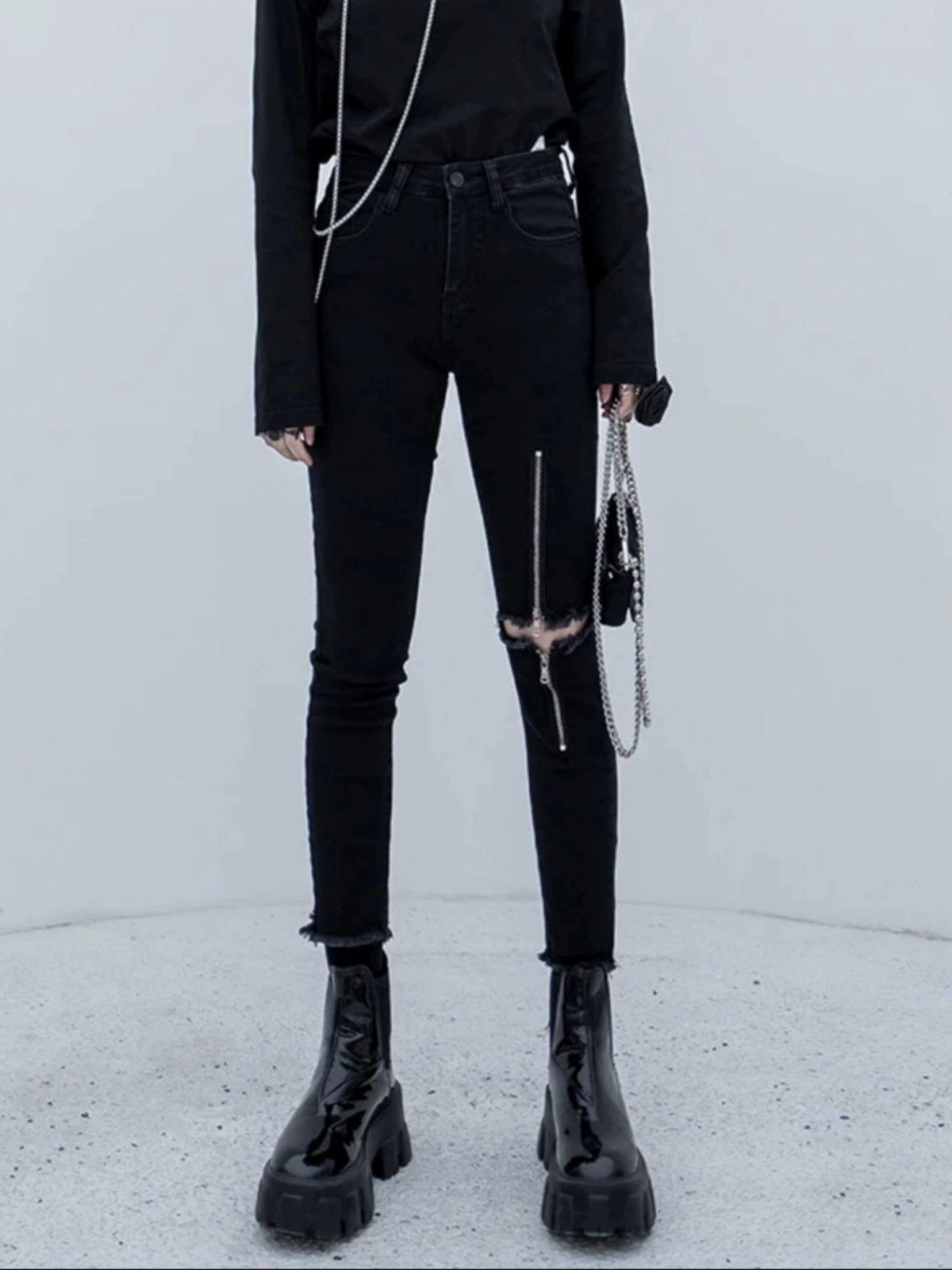 Black Double Zipper Cool High Waist Skinny Jeans Jeans