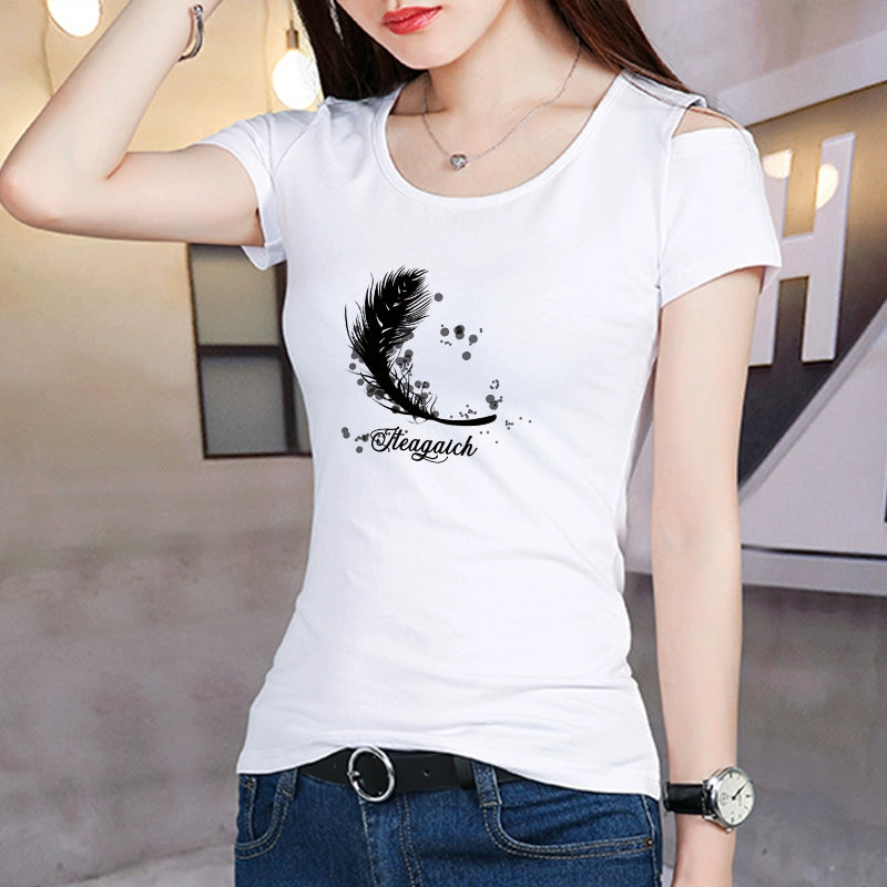 Cold Shoulder Short Sleeve Slim Fit Graphic Print Casual T-Shirt