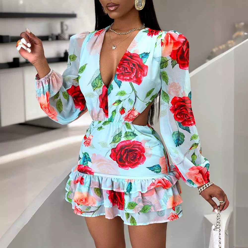 Fashionable Flower Romantic Ruffles V Neck Mini Dress