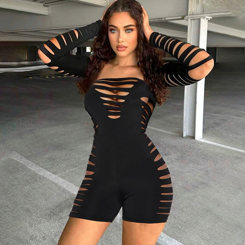 Fashionable Cut-Out Short Jumpsuit - New Women's Burnt Flower Off-Shoulder Long Sleeve One-Piece Shorts