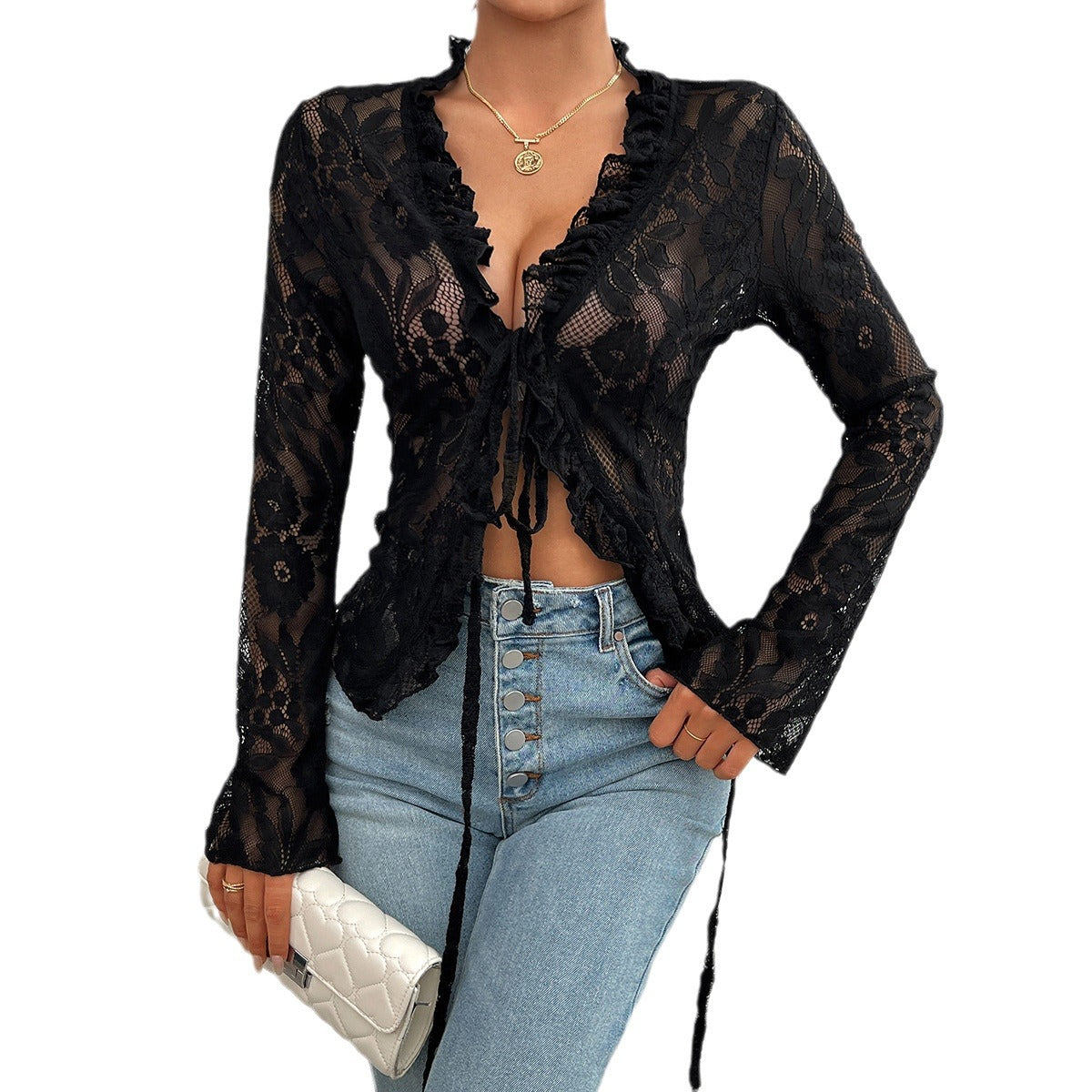 Slim-fit Long Sleeve Tie Front Lace Top