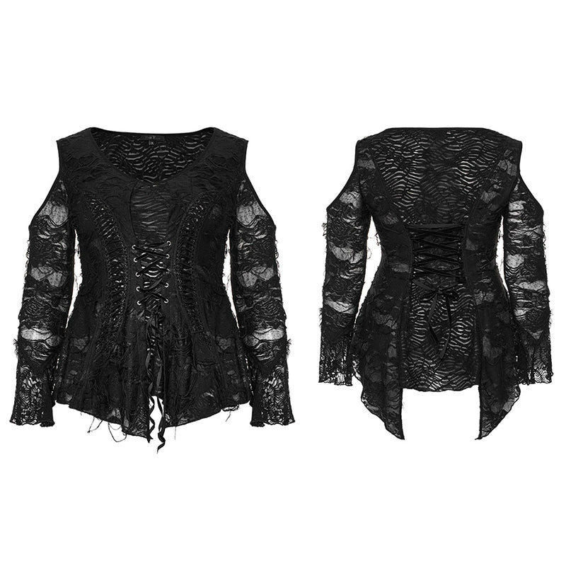 PUNK RAVE Women's Cold Shoulder Mesh Vintage Blouse - Slim-Fit Long-Sleeved T-Shirt with Distressed Lace