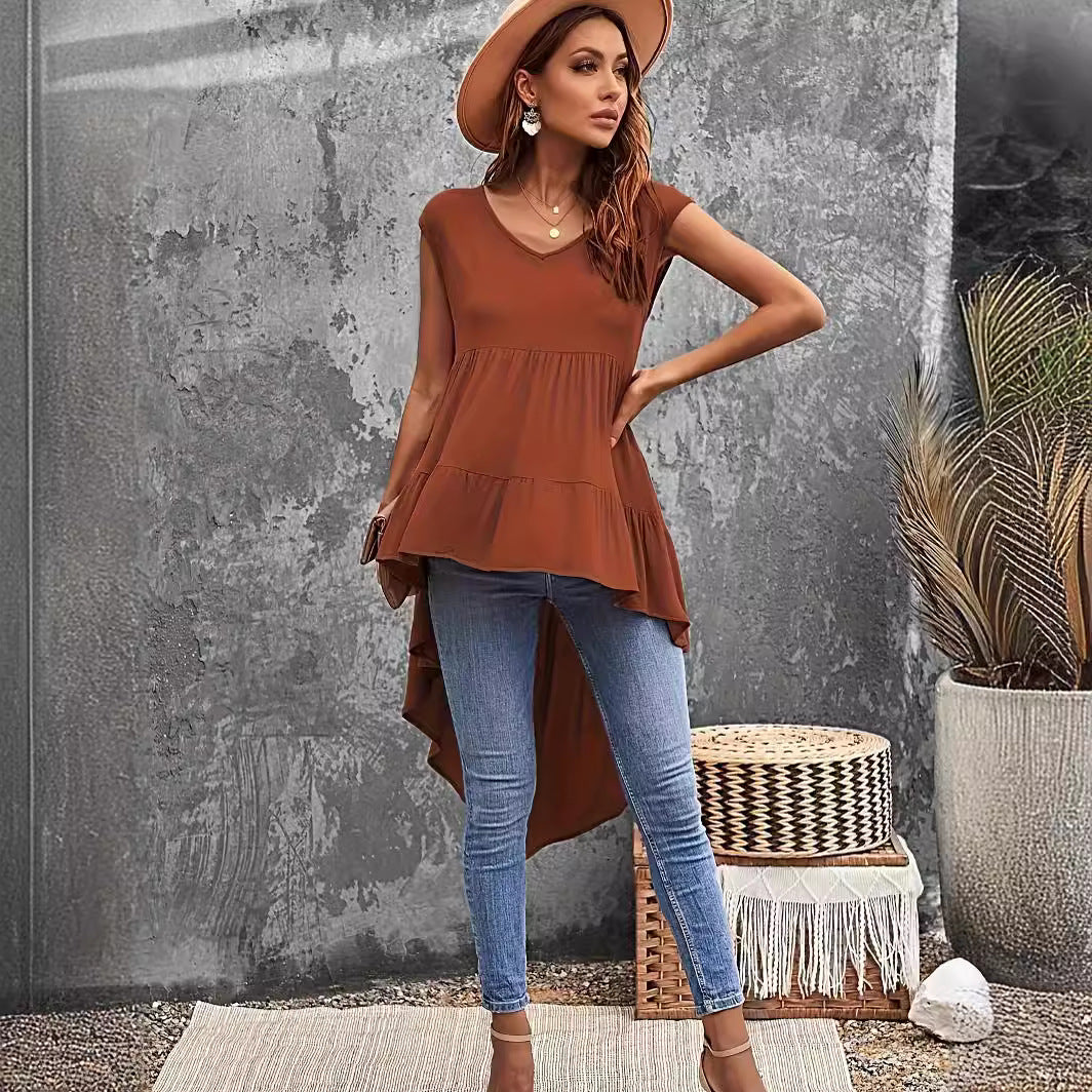 Brown V-neck Irregular Top Plus Size Women's Clothing