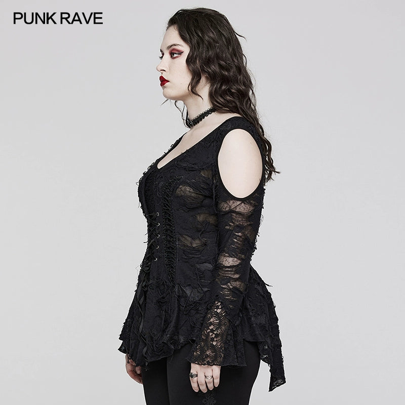 PUNK RAVE Women's Cold Shoulder Mesh Vintage Blouse - Slim-Fit Long-Sleeved T-Shirt with Distressed Lace