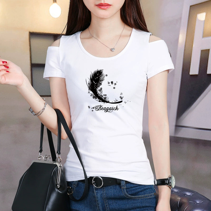 Cold Shoulder Short Sleeve Slim Fit Graphic Print Casual T-Shirt