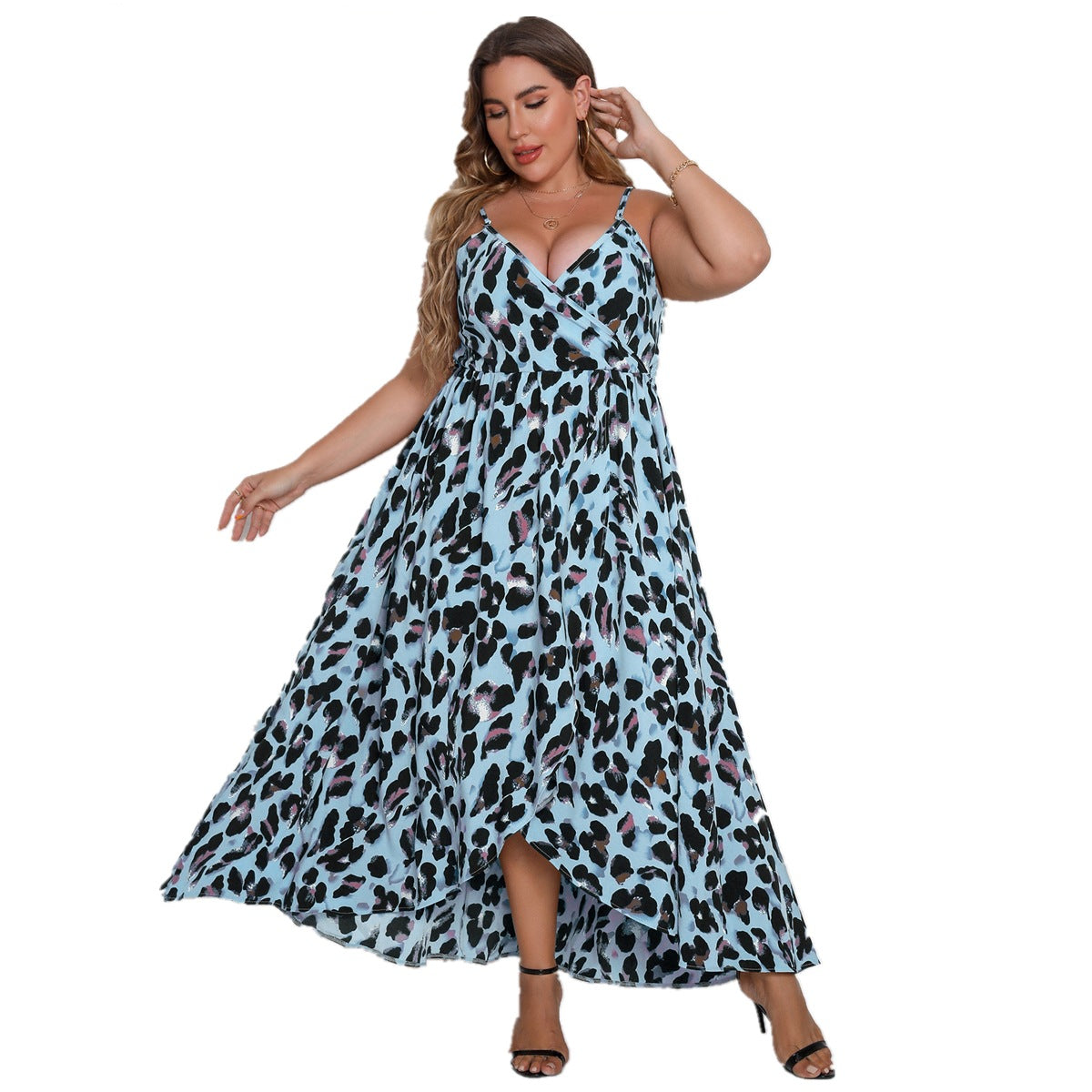 Women's V-neck Spaghetti Strap Leopard Print Dress