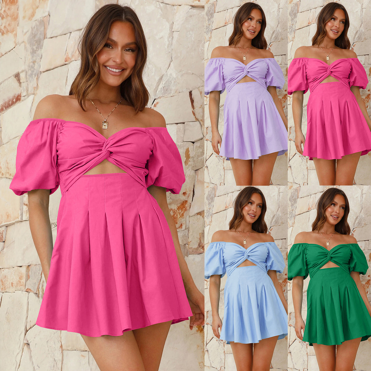 Sexy Off The Shoulder Lantern Sleeve Tummy Cutout Pleated Mini Dress