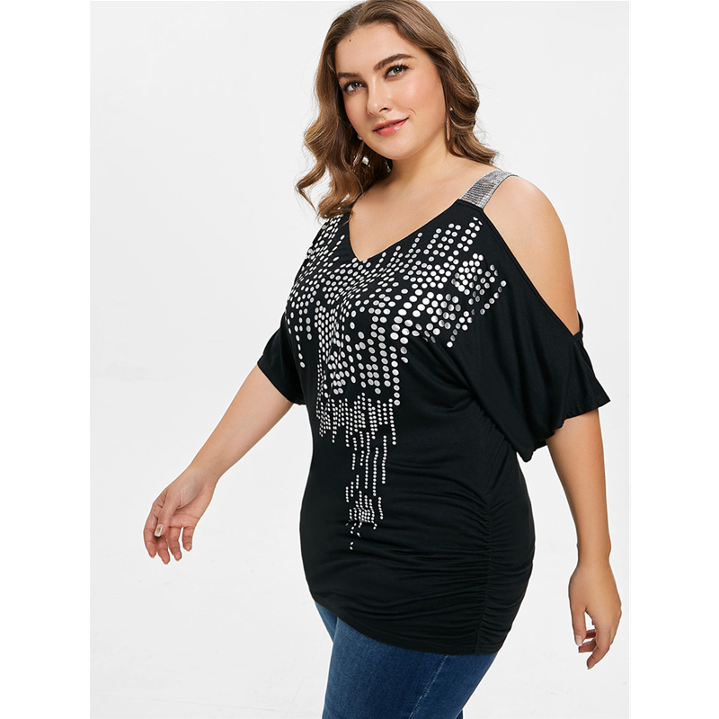 Glittering Glam Cold Shoulder Women’s Plus Sized Short Sleeved Summer Blouses Sizes 2X To 5X