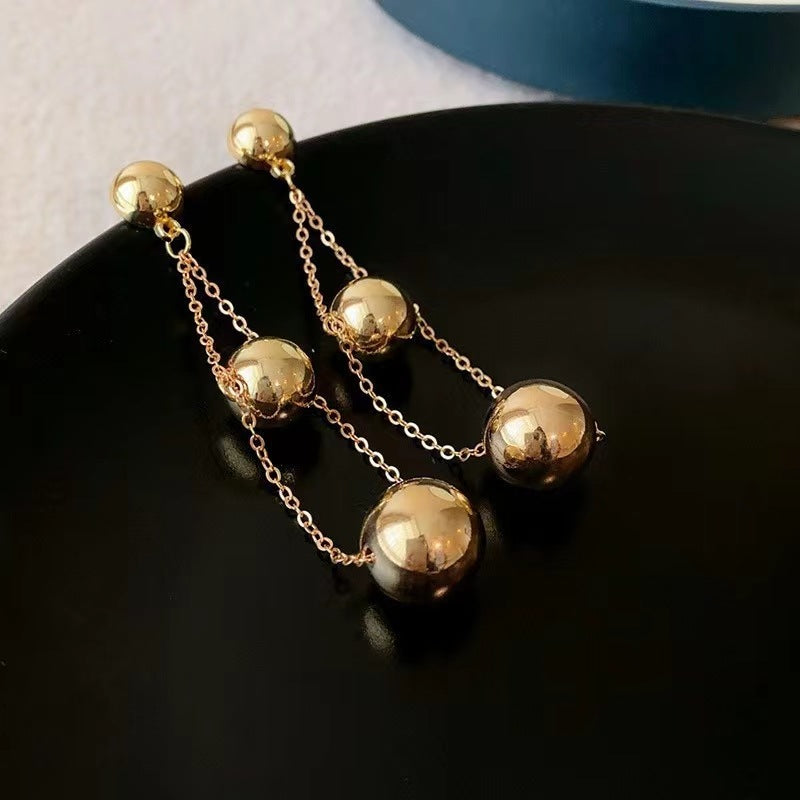 Large Metal Round Beads Long Tassel Drop Earrings