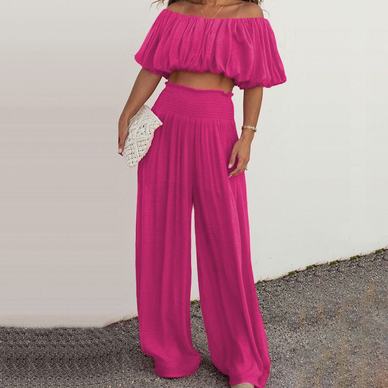 Women's Bright Balloon Style Off The Shoulder Crop Top And Wide-leg Pants Two-piece Outfit Set