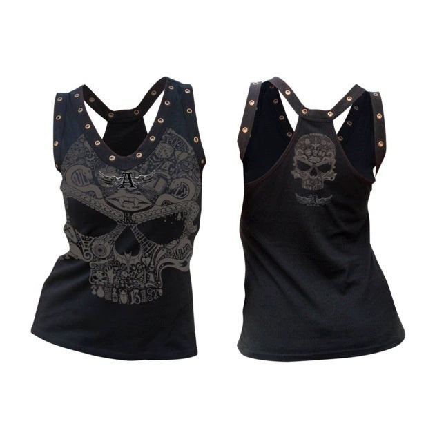 Skull Printed Casual Racerback Tank Top With Rivet Accents