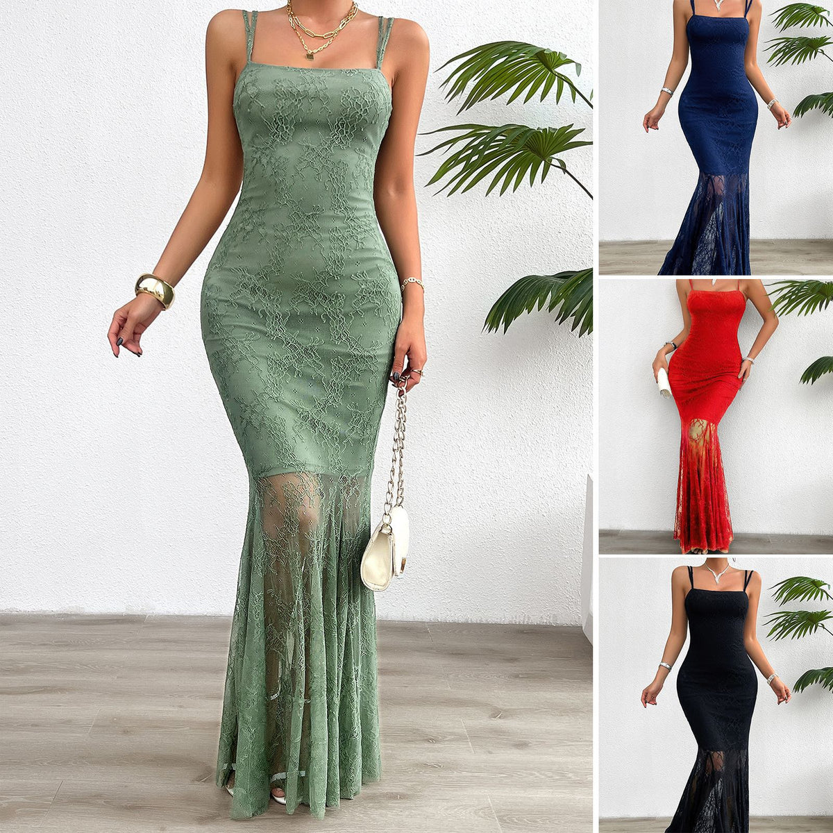 Elegant Spaghetti Strap Lace Overlay Slim-fit Trumpet Flare Maxi Dress