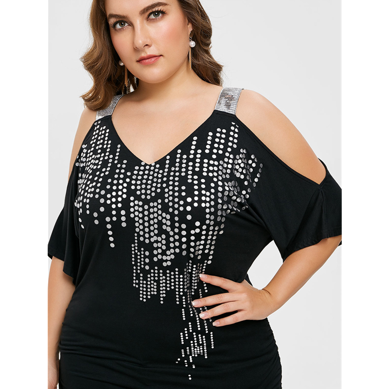 Glittering Glam Cold Shoulder Women’s Plus Sized Short Sleeved Summer Blouses Sizes 2X To 5X