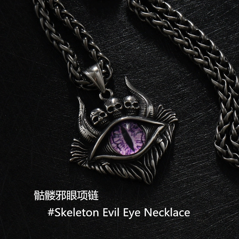 Trendy Men's Purple Eye Necklace Titanium Steel Pendant Handsome Skull