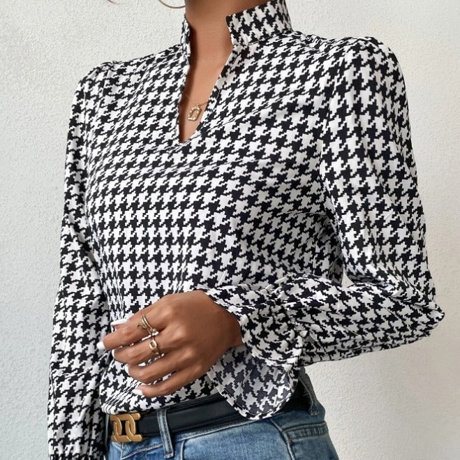 Houndstooth Print V-neck Long Sleeve Women's Blouse