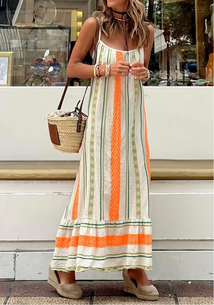 Orange You Glad It’s Bohemian Printed Vertical Stripes Spaghetti Strap Ruffle Bottom Loose Maxi Dress