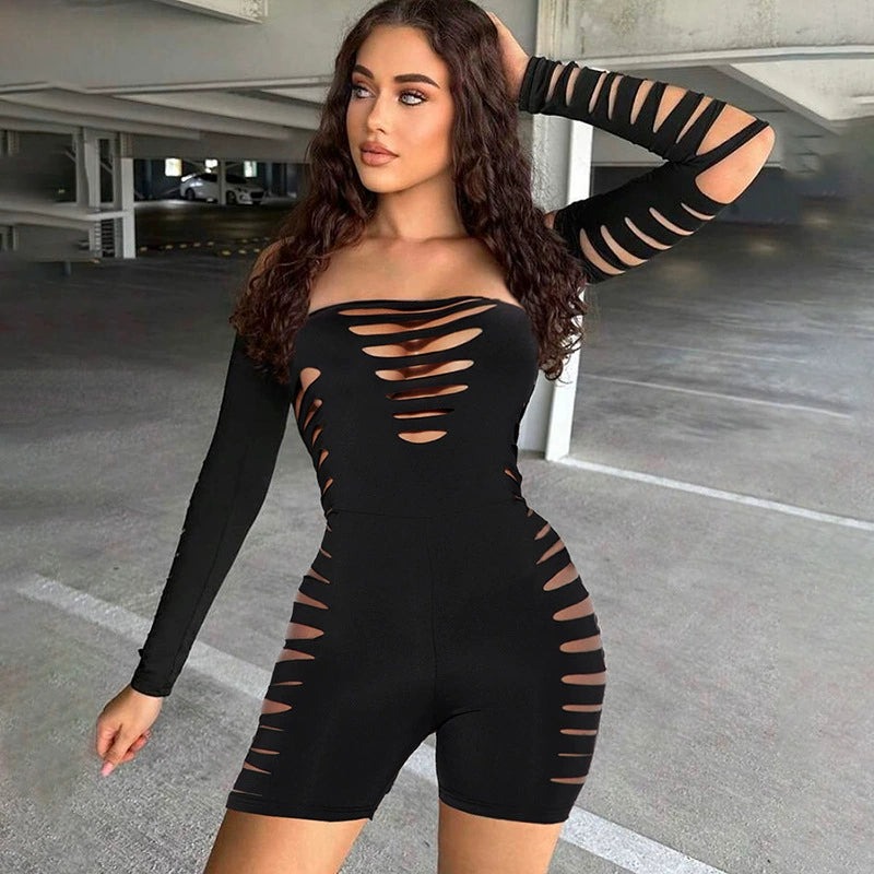 Fashionable Cut-Out Short Jumpsuit - New Women's Burnt Flower Off-Shoulder Long Sleeve One-Piece Shorts