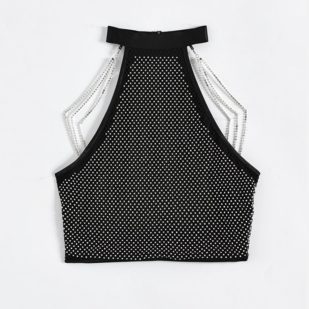 Women's Halter Slim Fit Vest Metal Rhinestone Chain Top