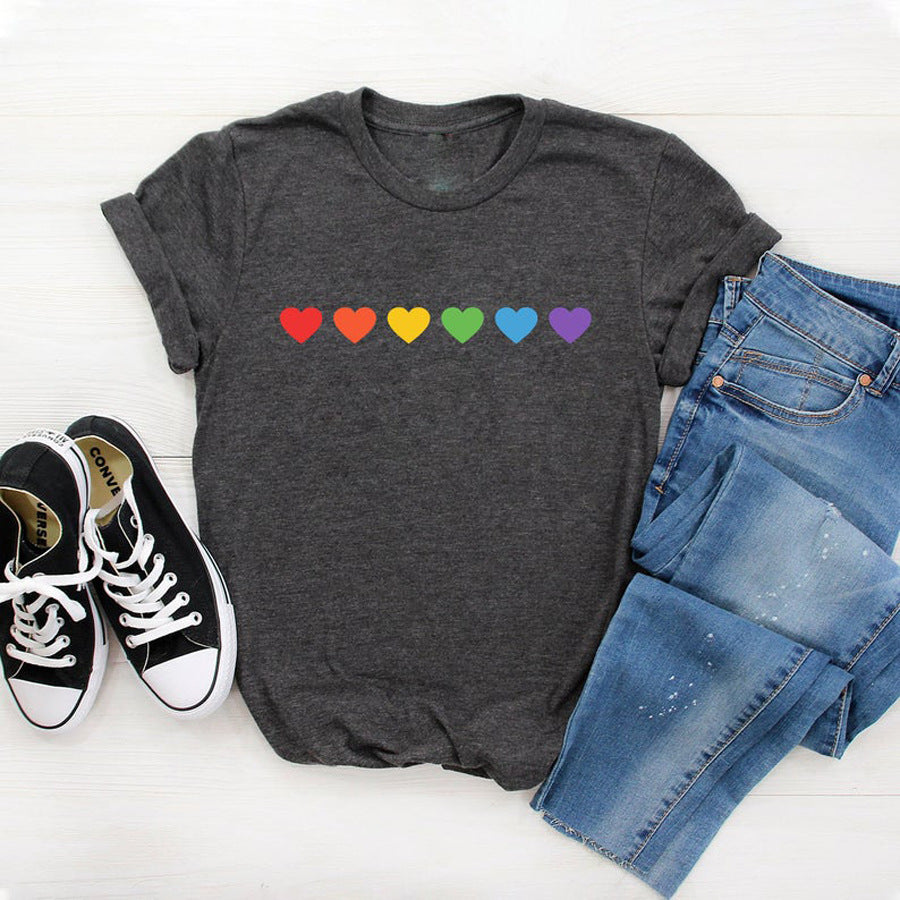 Colorful Rainbow Heart Print Casual Simple Style Graphic Printed T-shirt