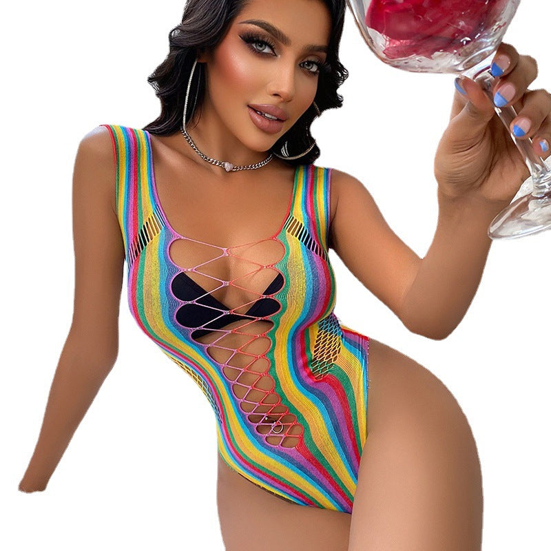 Rainbow Fishnet Stretch Nylon Mini Dress Bodysuits Multiple Styles Lingerie