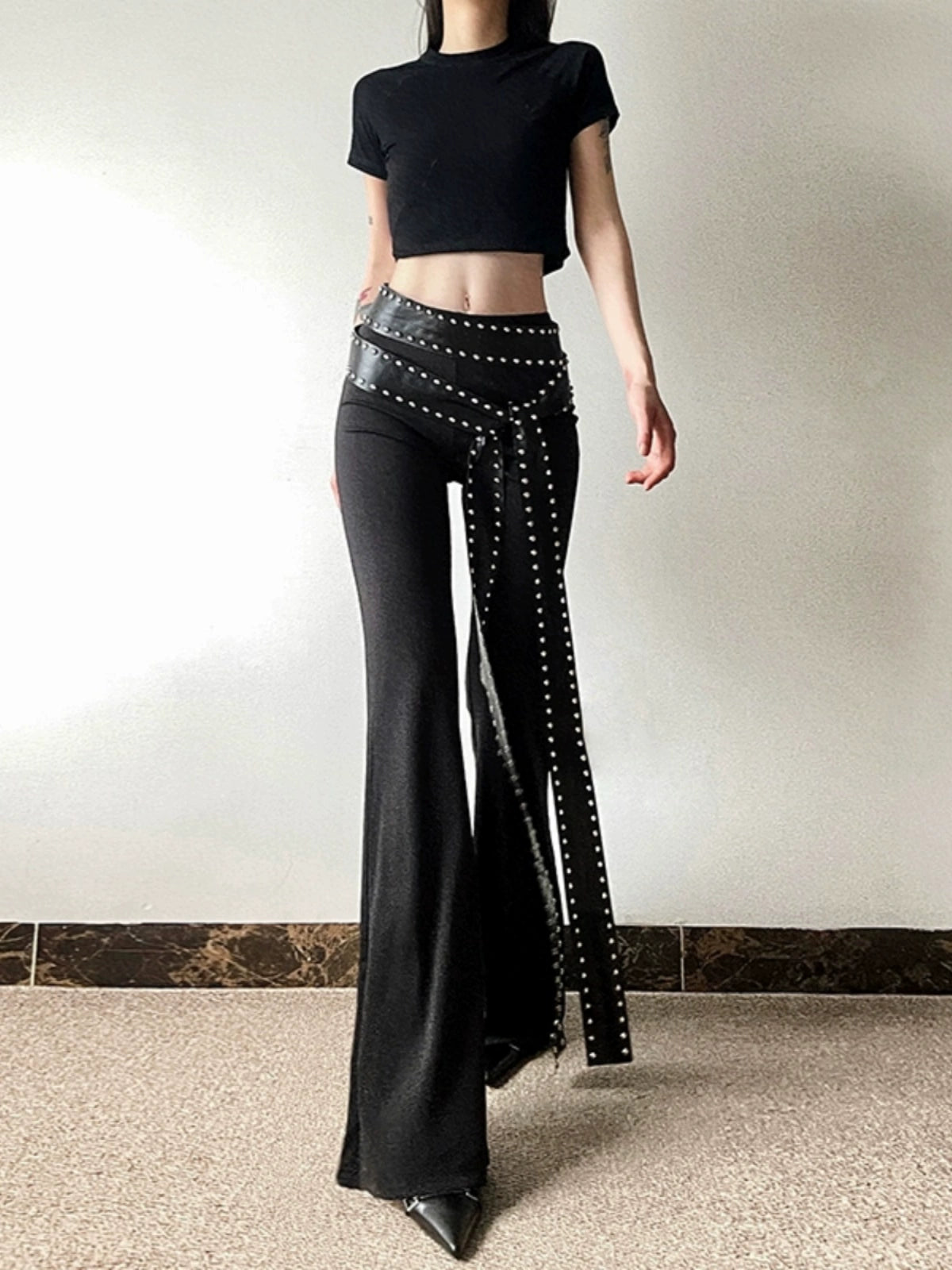 Cool Sexy Fried Street Tight Bell-Bottom Pants: Personality Asymmetric Rivet Black Casual Trousers by Sylcue High Street Fashion