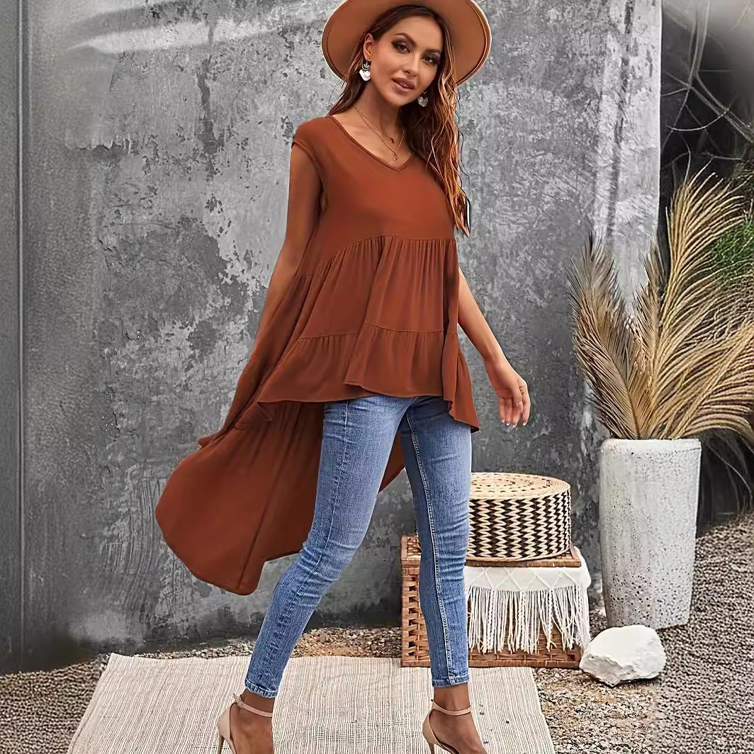 Brown V-neck Irregular Top Plus Size Women's Clothing