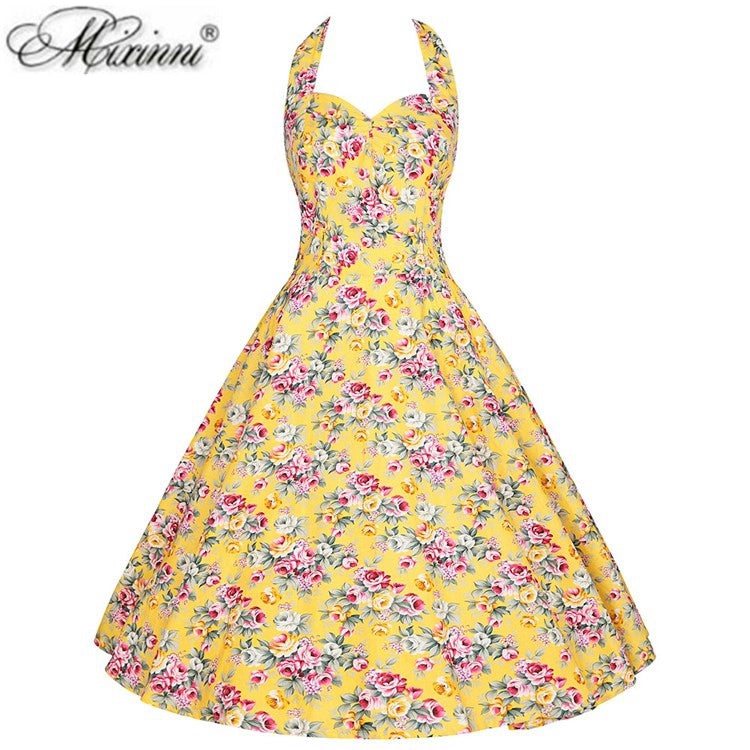 Vintage Retro French Print Dress Halterneck