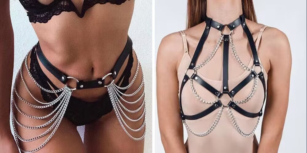 Leather Harness Body Chain Jewelry Belt Sets