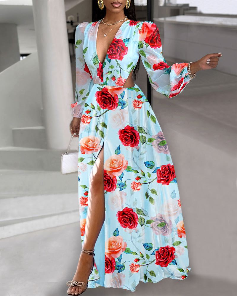 Fashionable Flower Romantic Ruffles V Neck Mini Dress