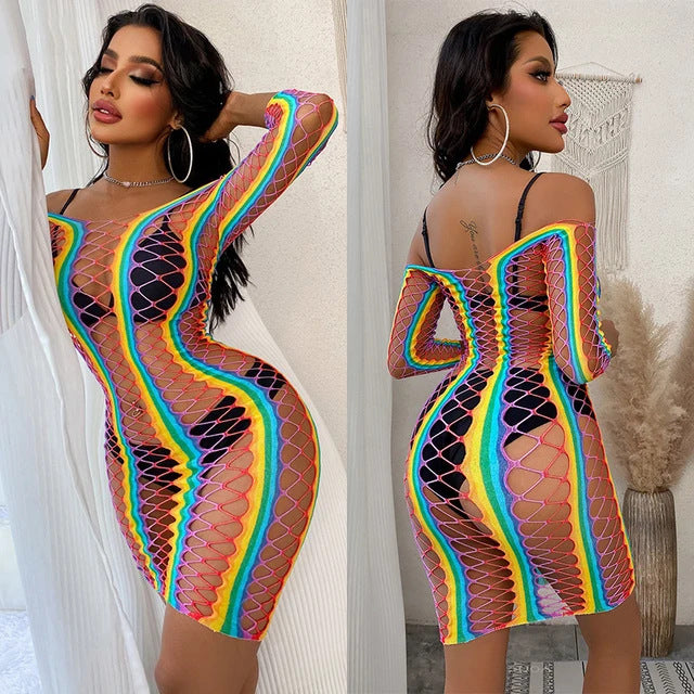 Rainbow Fishnet Stretch Nylon Mini Dress Bodysuits Multiple Styles Lingerie