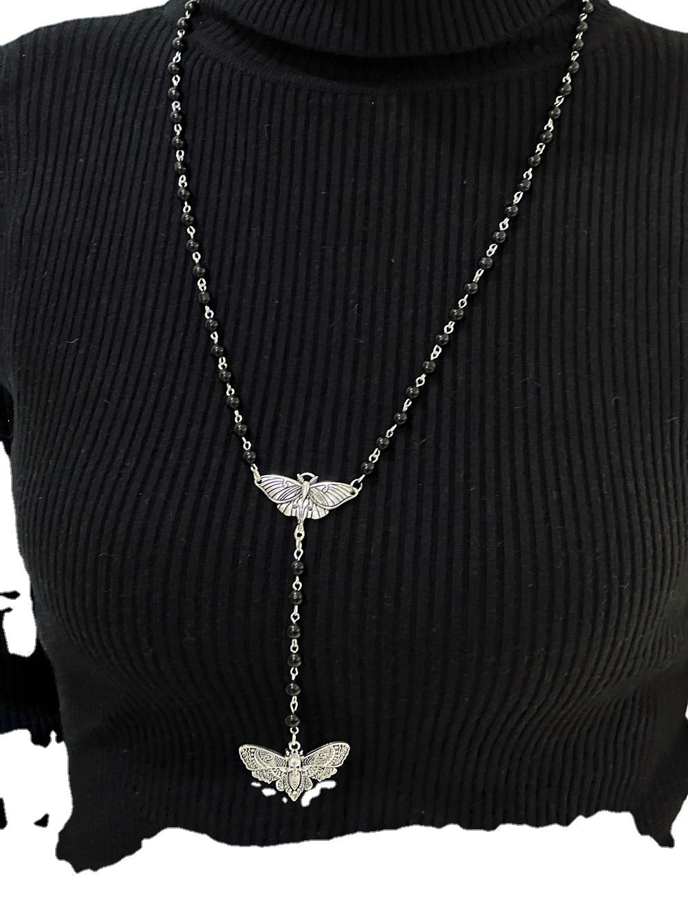 Gothic Face Moth Black Bead Necklace Necklace