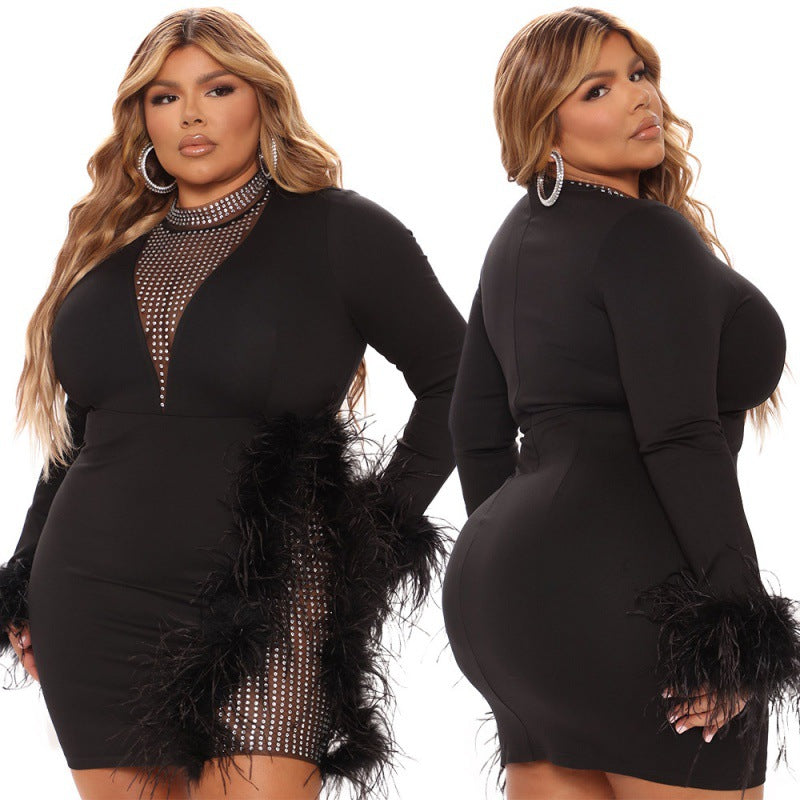 Sexy Plus Size Mock Neck Rhinestone V Details And Feather Accent Bodycon Minidress