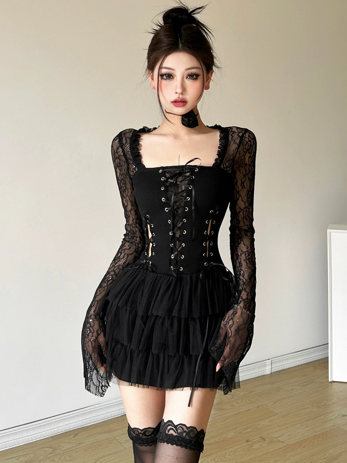 Kliou Dark Series Lace Up Retro Long Sleeve Gothic Lace Dress