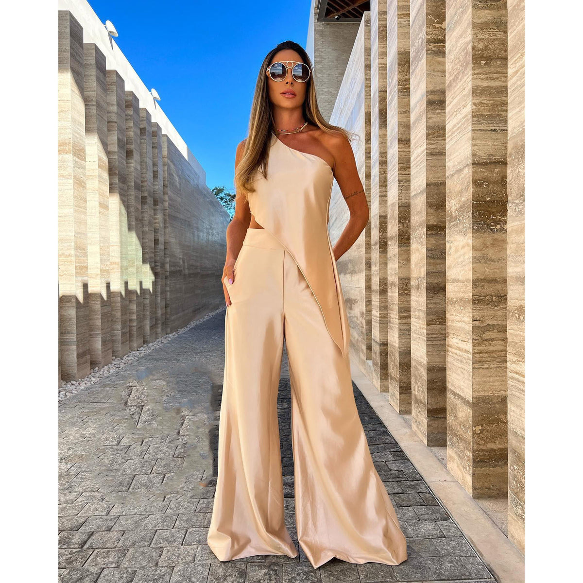 Casual Loose One Shoulder Irregular Hem Top And Pants With Pockets Two-piece Pant Suit