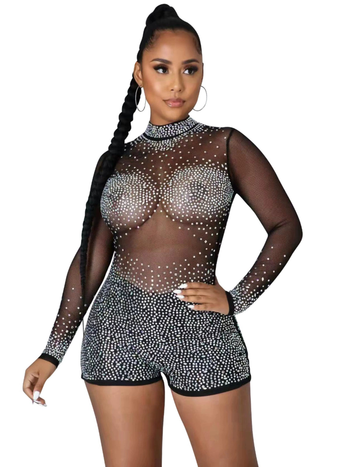 Long-Sleeved Sheer Rhinestone Romper Jumpsuit – Sexy Club Wear