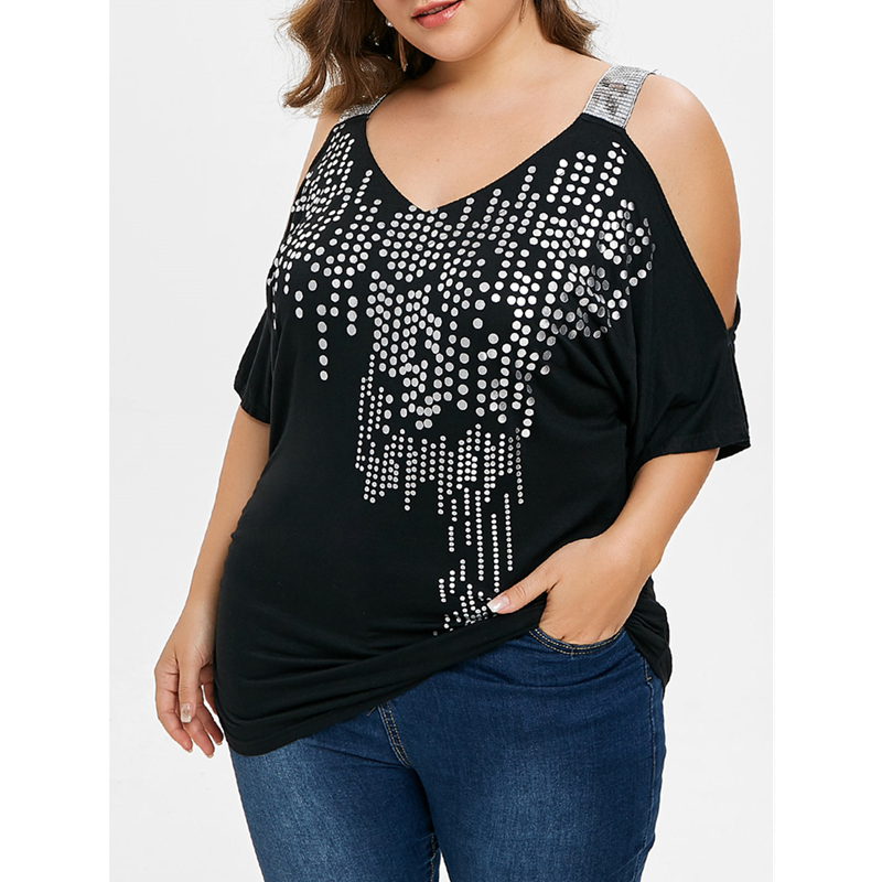 Glittering Glam Cold Shoulder Women’s Plus Sized Short Sleeved Summer Blouses Sizes 2X To 5X