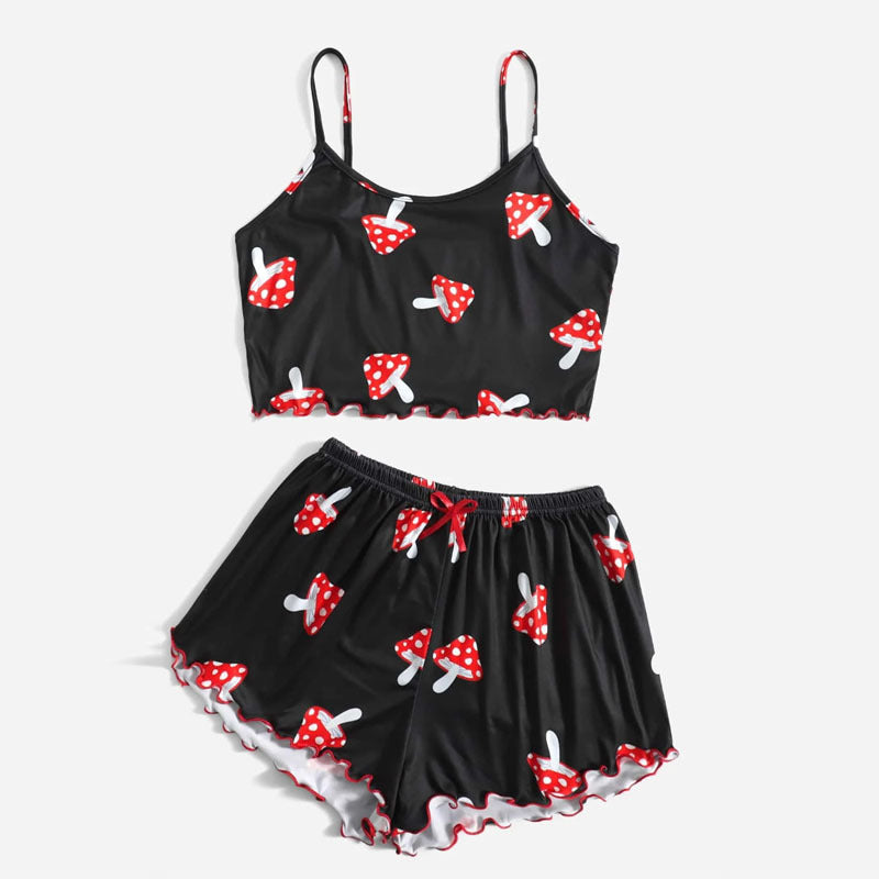 Mushroom Printed Crop Top and Shorts Two Piece Casual Loungewear Set