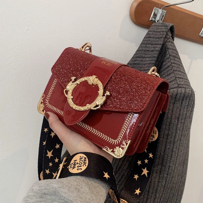 Korean Style Sequined Patent Leather Crossbody Bag with Wide Strap