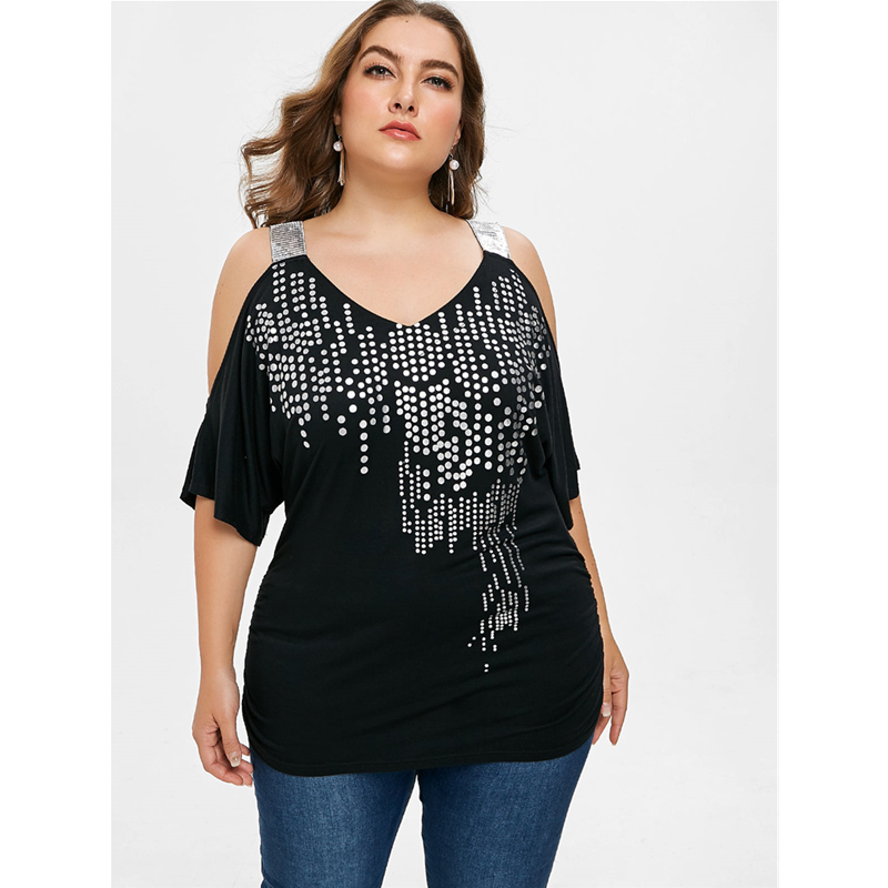 Glittering Glam Cold Shoulder Women’s Plus Sized Short Sleeved Summer Blouses Sizes 2X To 5X