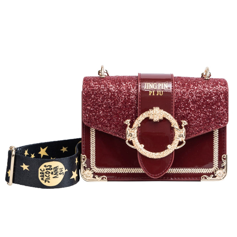 Korean Style Sequined Patent Leather Crossbody Bag with Wide Strap