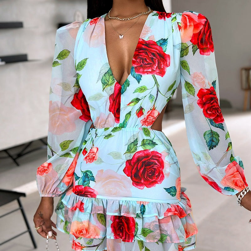 Fashionable Flower Romantic Ruffles V Neck Mini Dress